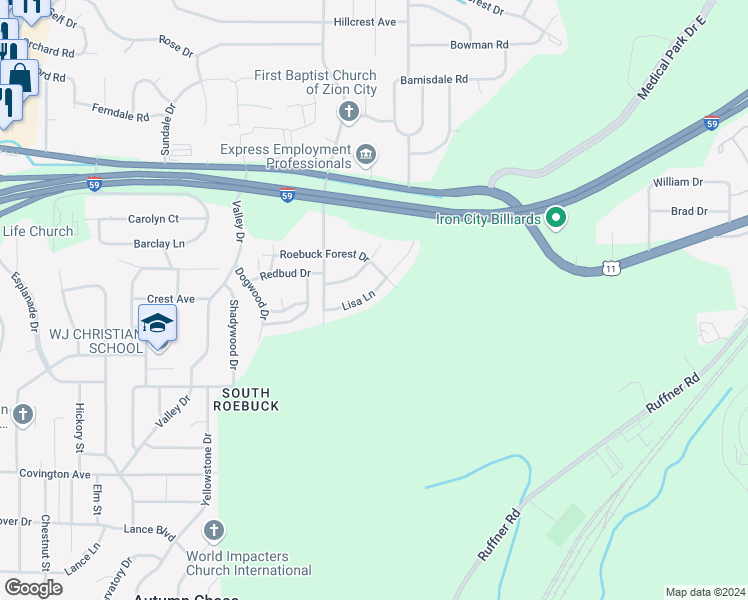 map of restaurants, bars, coffee shops, grocery stores, and more near 633 Lisa Lane in Birmingham