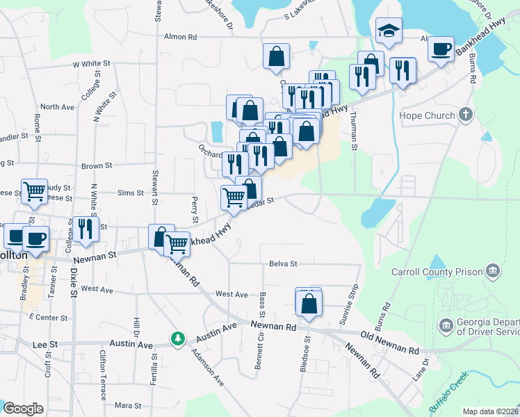 map of restaurants, bars, coffee shops, grocery stores, and more near 827 Cedar Street in Carrollton