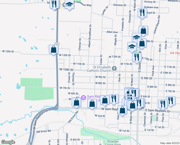 map of restaurants, bars, coffee shops, grocery stores, and more near 901 Beech Street in Bonham