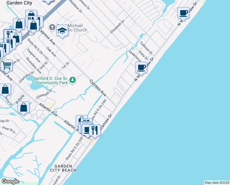 map of restaurants, bars, coffee shops, grocery stores, and more near 162 Cypress Avenue in Murrells Inlet