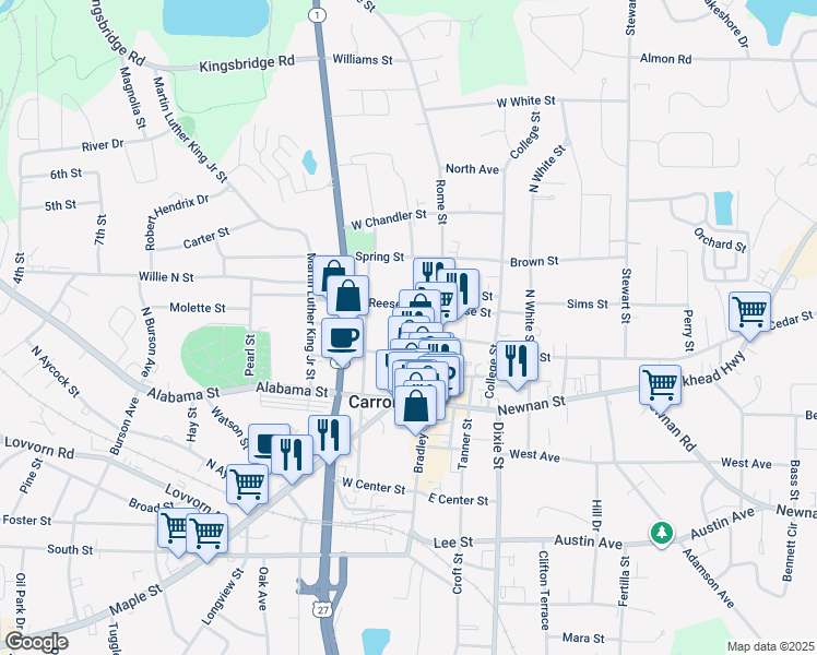 map of restaurants, bars, coffee shops, grocery stores, and more near 306 Rome Street in Carrollton