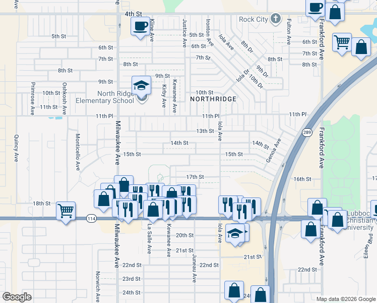 map of restaurants, bars, coffee shops, grocery stores, and more near 6206 15th Street in Lubbock