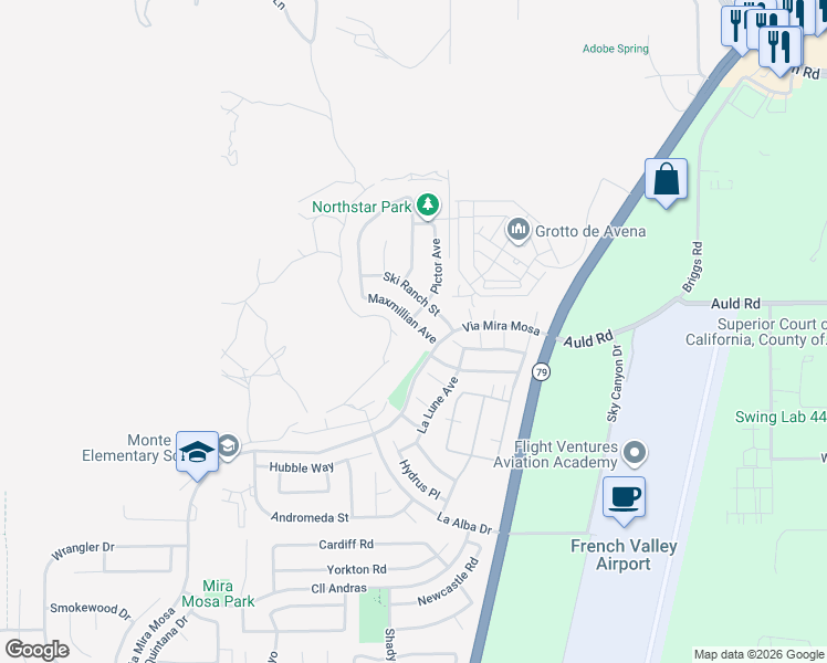 map of restaurants, bars, coffee shops, grocery stores, and more near 29751 Maxmillian Avenue in Murrieta