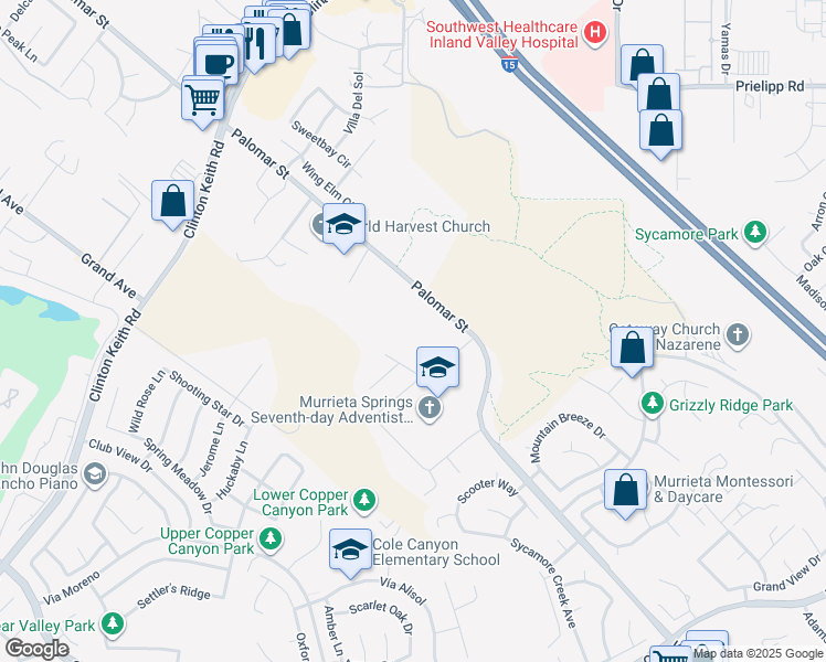 map of restaurants, bars, coffee shops, grocery stores, and more near 37118 Bush Sunflower Court in Wildomar