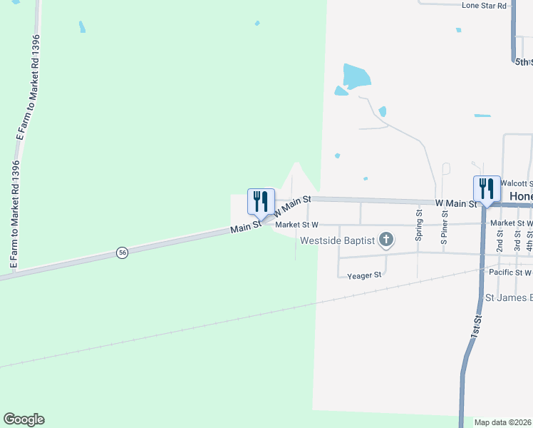 map of restaurants, bars, coffee shops, grocery stores, and more near 1492 West Main Street in Honey Grove