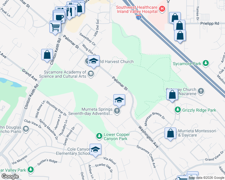 map of restaurants, bars, coffee shops, grocery stores, and more near 23282 Desert Lily Court in Murrieta