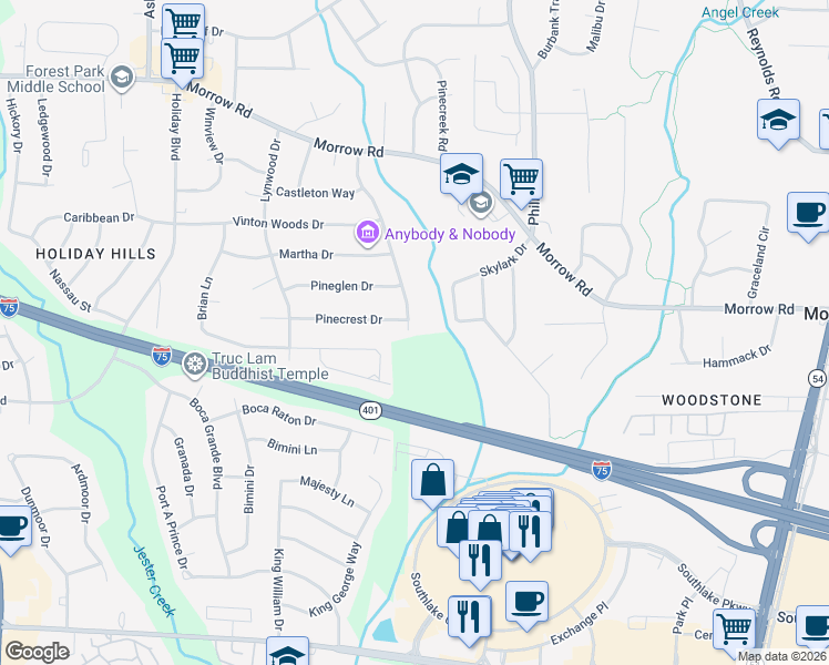map of restaurants, bars, coffee shops, grocery stores, and more near 6292 Crestview Lane in Forest Park