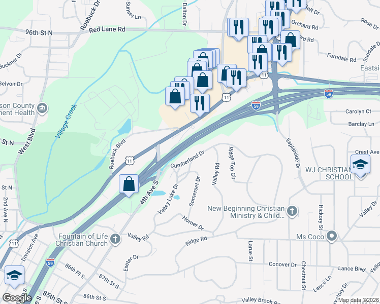 map of restaurants, bars, coffee shops, grocery stores, and more near 421 Cumberland Drive in Birmingham