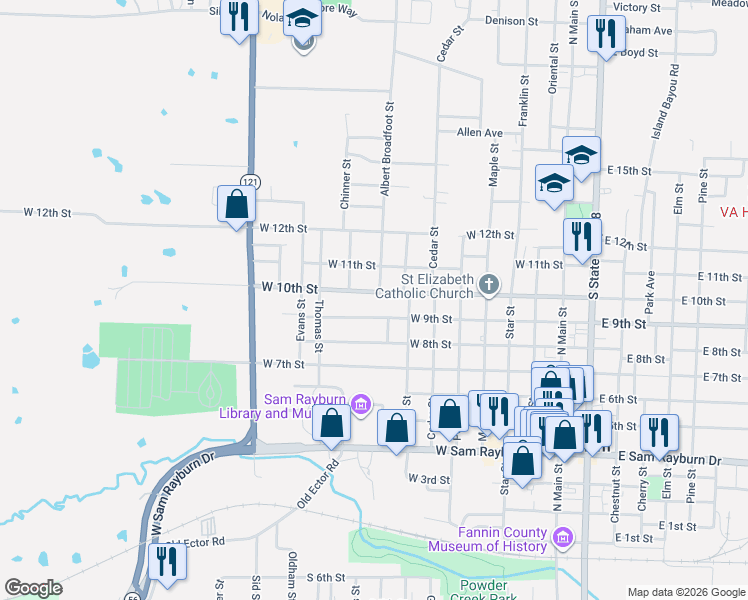 map of restaurants, bars, coffee shops, grocery stores, and more near 820 West 9th Street in Bonham