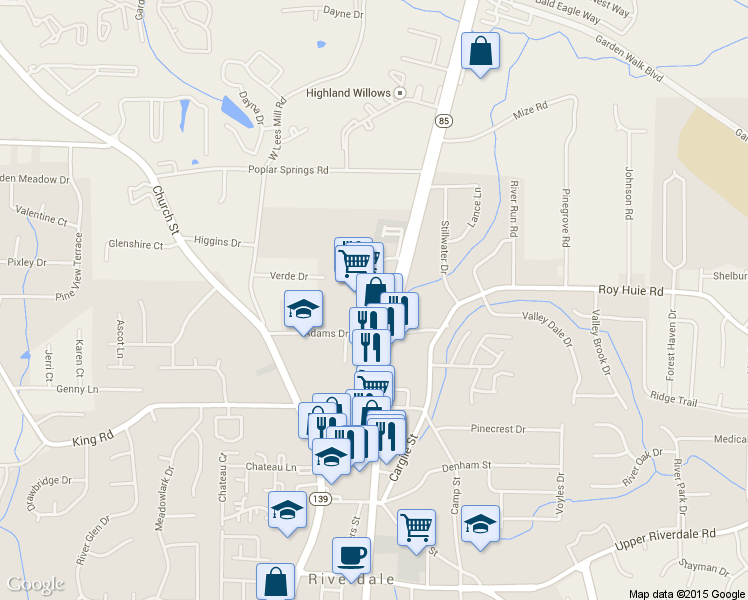 map of restaurants, bars, coffee shops, grocery stores, and more near 6365 Highway 85 in Riverdale