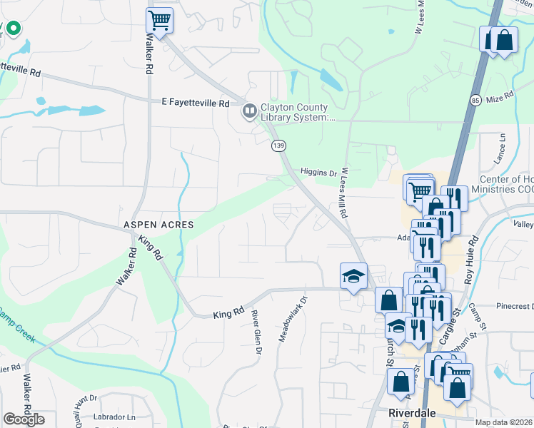map of restaurants, bars, coffee shops, grocery stores, and more near 6344 Steepleridge Court in Riverdale