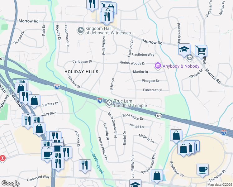 map of restaurants, bars, coffee shops, grocery stores, and more near 838 Brian Lane in Forest Park