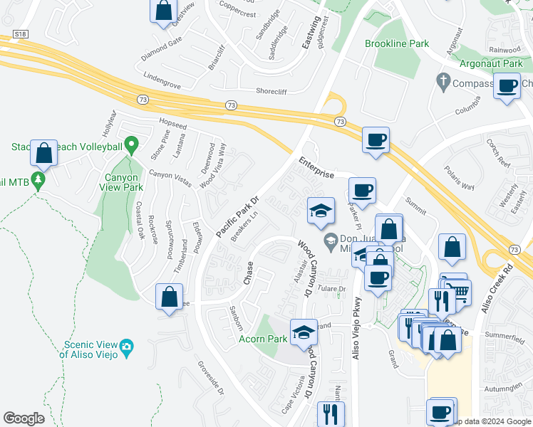 map of restaurants, bars, coffee shops, grocery stores, and more near 39 Coronado Cay Lane in Aliso Viejo