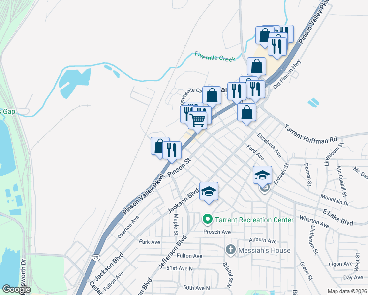 map of restaurants, bars, coffee shops, grocery stores, and more near Pinson Valley Pkwy & Sloan Ave in Tarrant