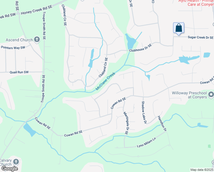 map of restaurants, bars, coffee shops, grocery stores, and more near 458 Valley Woods Circle Southeast in Conyers
