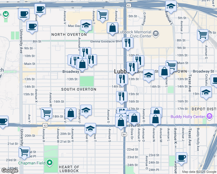 map of restaurants, bars, coffee shops, grocery stores, and more near 1812 15th Street in Lubbock