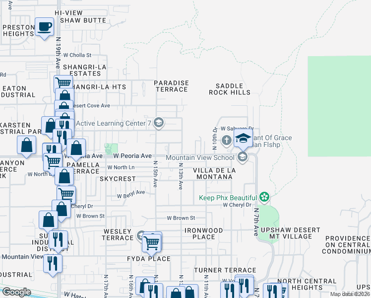 map of restaurants, bars, coffee shops, grocery stores, and more near 1147 West Peoria Avenue in Phoenix