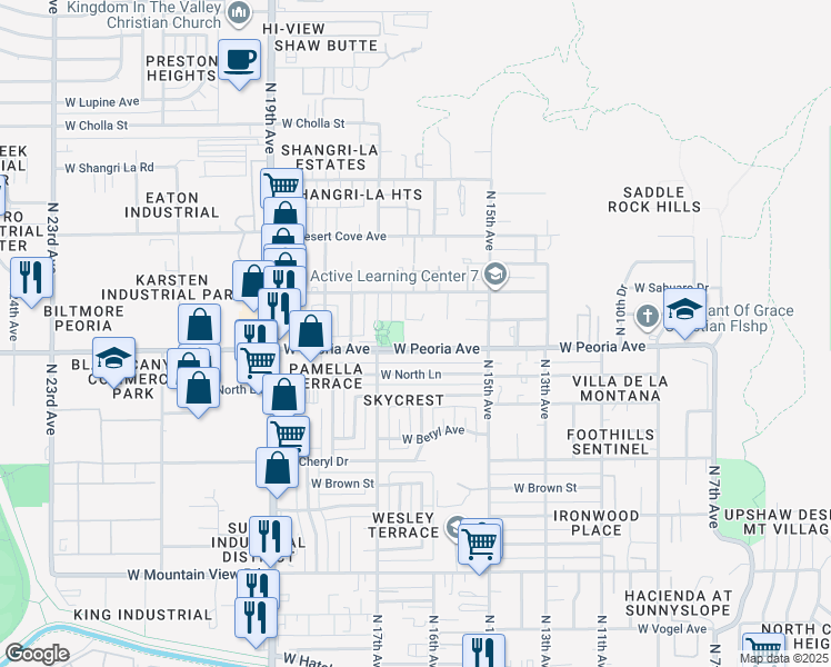 map of restaurants, bars, coffee shops, grocery stores, and more near 1555 West Peoria Avenue in Phoenix