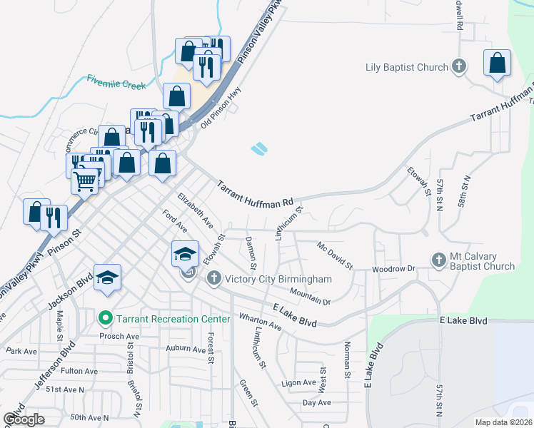 map of restaurants, bars, coffee shops, grocery stores, and more near 1920 Etowah Street in Birmingham