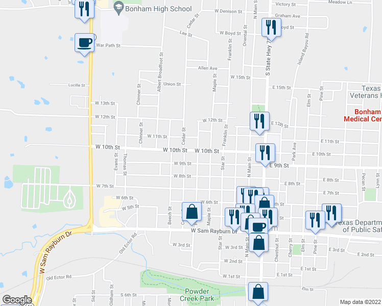 map of restaurants, bars, coffee shops, grocery stores, and more near 520 West 9th Street in Bonham