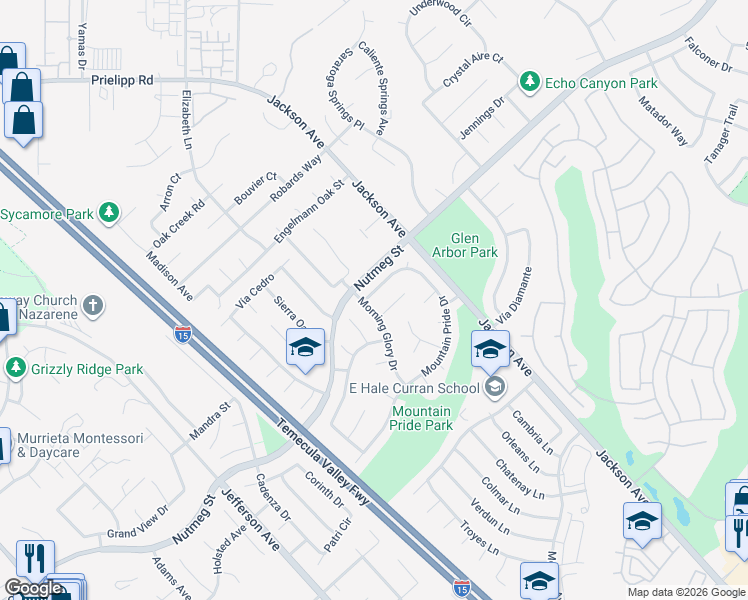 map of restaurants, bars, coffee shops, grocery stores, and more near 40705 Mountain Pride Drive in Murrieta