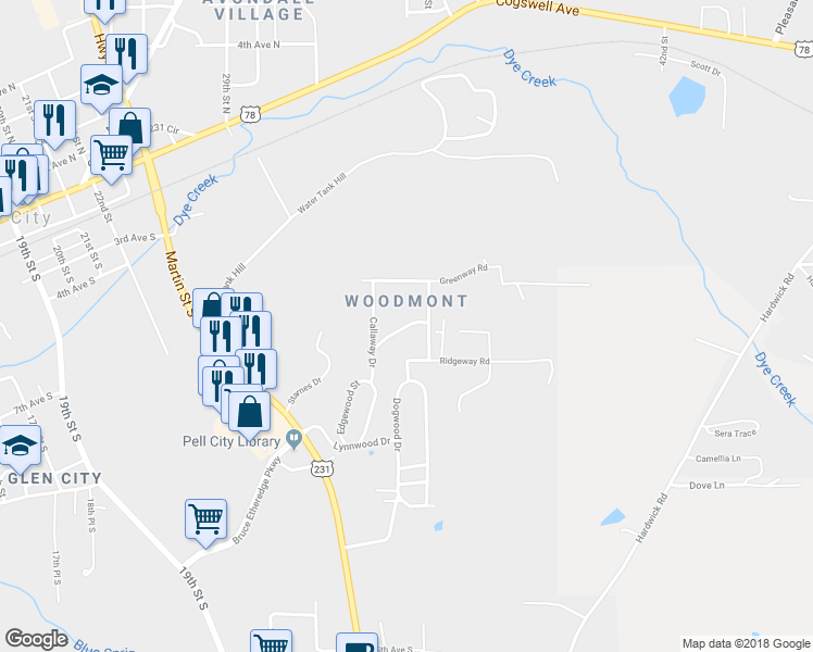 map of restaurants, bars, coffee shops, grocery stores, and more near 2000 Hickory Drive in Pell City