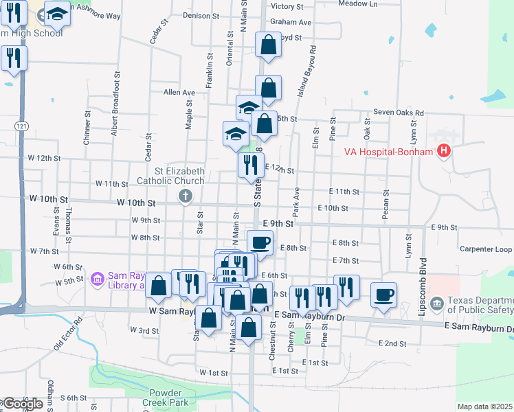 map of restaurants, bars, coffee shops, grocery stores, and more near 201 East 10th Street in Bonham