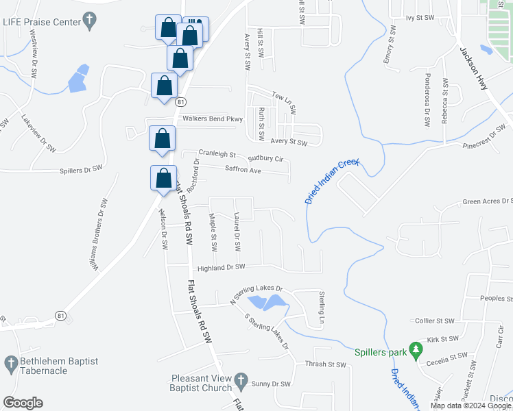 map of restaurants, bars, coffee shops, grocery stores, and more near 9105 Bandywood Way Southwest in Covington