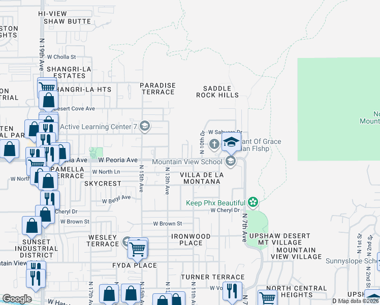map of restaurants, bars, coffee shops, grocery stores, and more near 1113 West Peoria Avenue in Phoenix