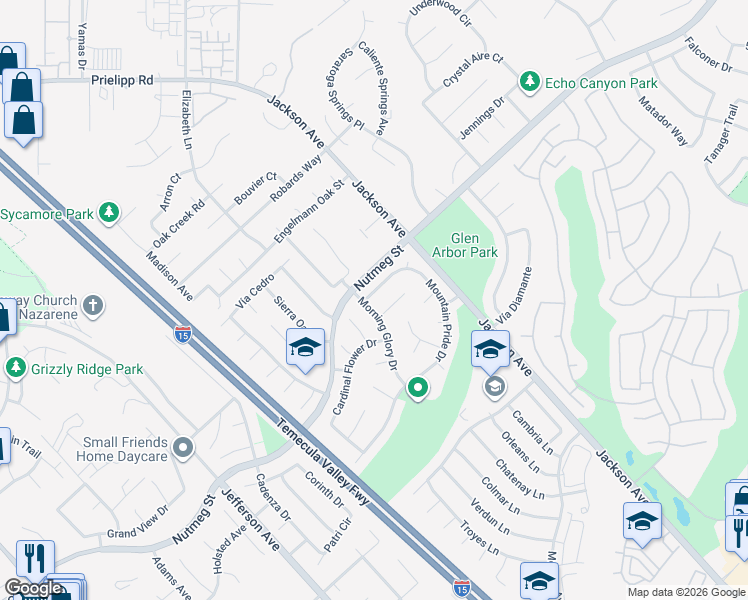 map of restaurants, bars, coffee shops, grocery stores, and more near 40705 Mountain Pride Drive in Murrieta