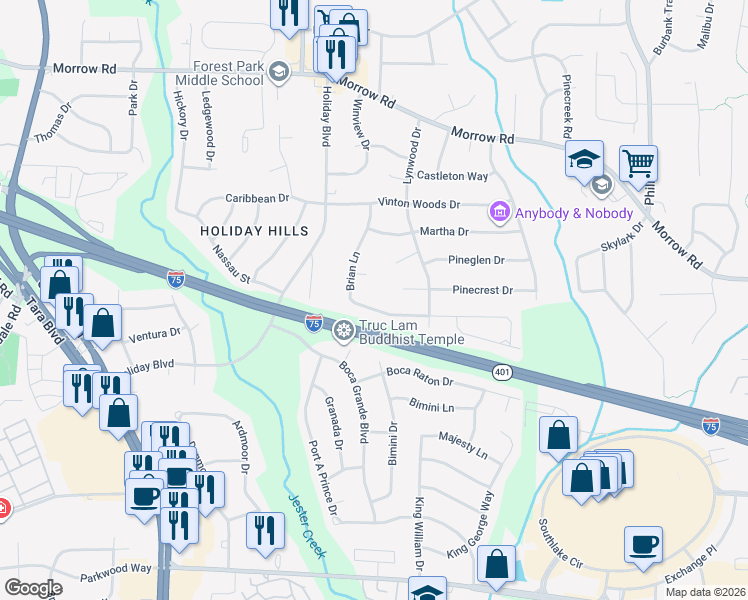 map of restaurants, bars, coffee shops, grocery stores, and more near 845 Brian Lane in Forest Park