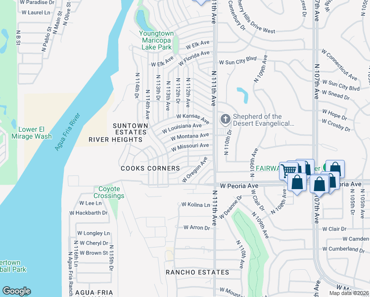 map of restaurants, bars, coffee shops, grocery stores, and more near 11201 West Missouri Avenue in Youngtown