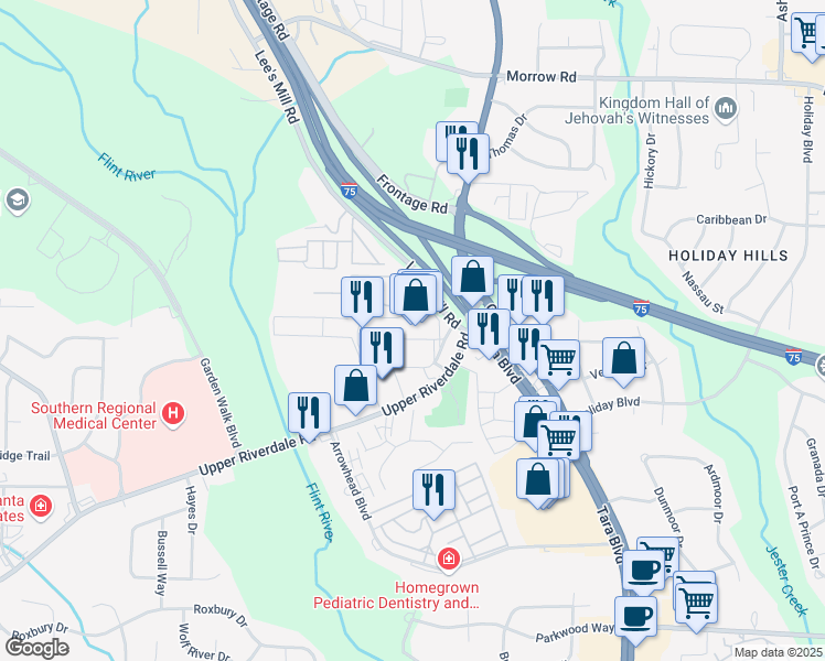 map of restaurants, bars, coffee shops, grocery stores, and more near 335 Upper Riverdale Road in Jonesboro