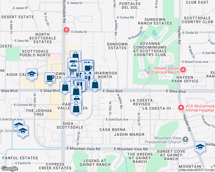 map of restaurants, bars, coffee shops, grocery stores, and more near 7520 East Cannon Drive in Scottsdale