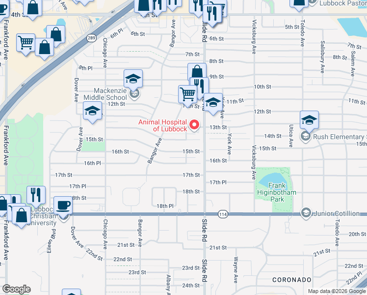 map of restaurants, bars, coffee shops, grocery stores, and more near 5221 15th Street in Lubbock