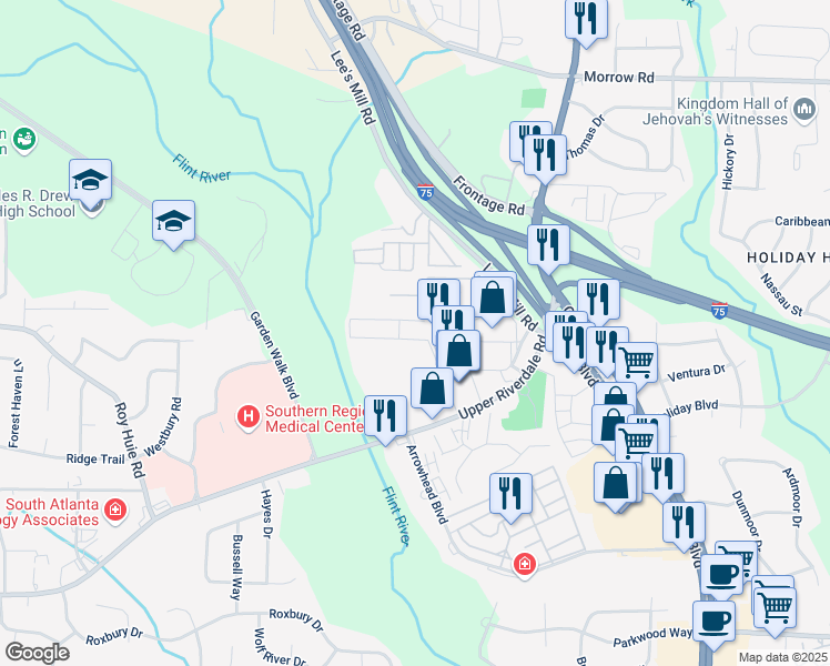 map of restaurants, bars, coffee shops, grocery stores, and more near 275 Upper Riverdale Road in Jonesboro