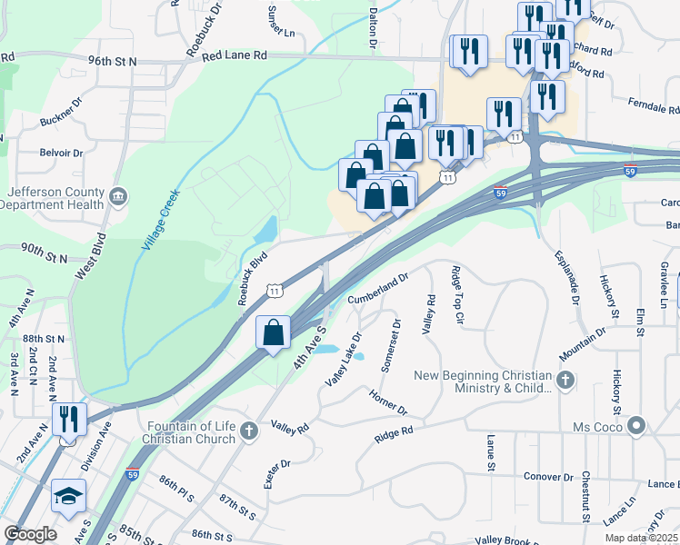 map of restaurants, bars, coffee shops, grocery stores, and more near 407 Cumberland Drive in Birmingham