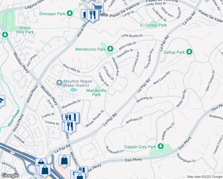 map of restaurants, bars, coffee shops, grocery stores, and more near 24832 Los Gatos Drive in Laguna Hills