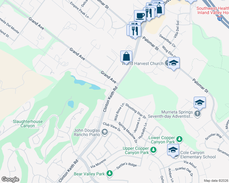 map of restaurants, bars, coffee shops, grocery stores, and more near Rancho Mirlo Road in Wildomar