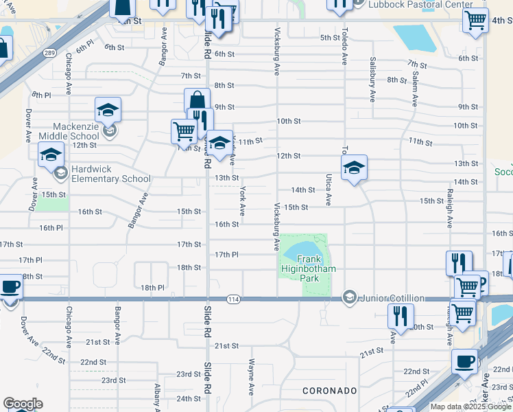 map of restaurants, bars, coffee shops, grocery stores, and more near 4908 16th Street in Lubbock