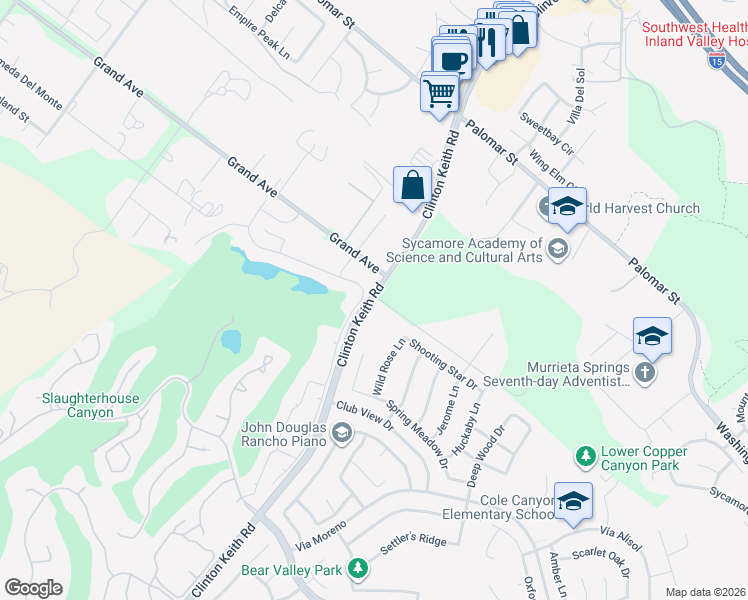 map of restaurants, bars, coffee shops, grocery stores, and more near 37107 Wild Rose Lane in Murrieta