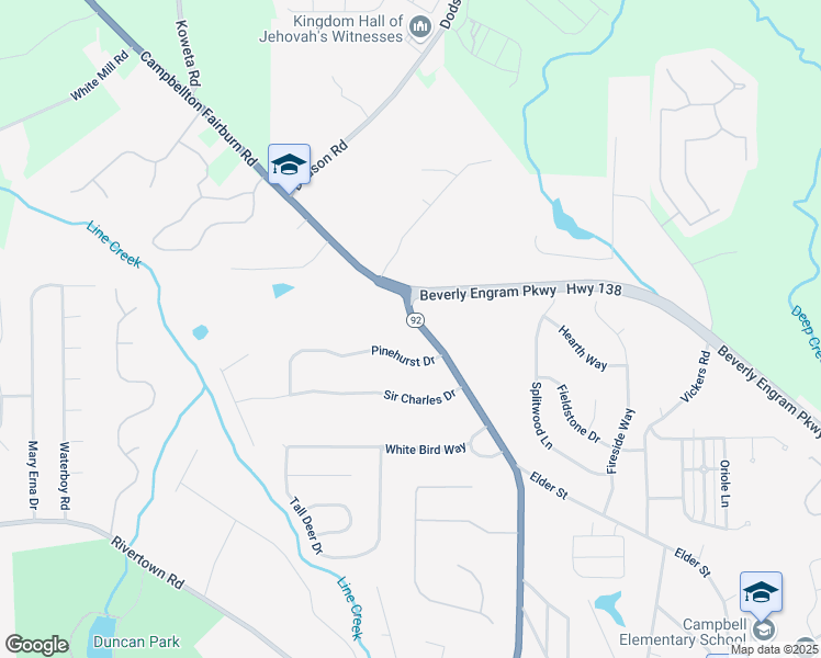 map of restaurants, bars, coffee shops, grocery stores, and more near 6385 Georgia 92 in Fairburn