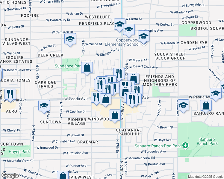 map of restaurants, bars, coffee shops, grocery stores, and more near 6750 West Peoria Avenue in Peoria