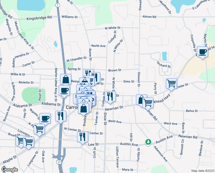 map of restaurants, bars, coffee shops, grocery stores, and more near 308 College Street in Carrollton