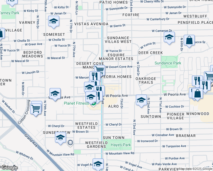 map of restaurants, bars, coffee shops, grocery stores, and more near 7440 West Peoria Avenue in Peoria