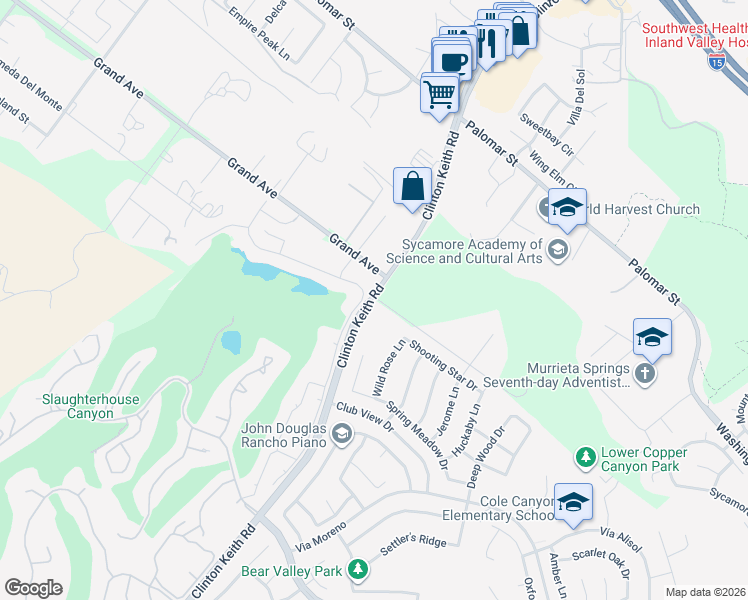 map of restaurants, bars, coffee shops, grocery stores, and more near 37107 Wild Rose Lane in Murrieta