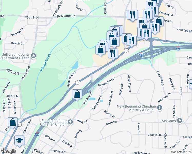 map of restaurants, bars, coffee shops, grocery stores, and more near 407 Cumberland Drive in Birmingham
