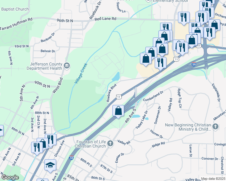 map of restaurants, bars, coffee shops, grocery stores, and more near 8917 Roebuck Boulevard in Birmingham