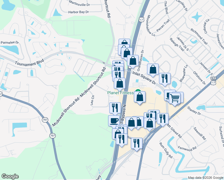 map of restaurants, bars, coffee shops, grocery stores, and more near 11062 Lee Circle in Murrells Inlet