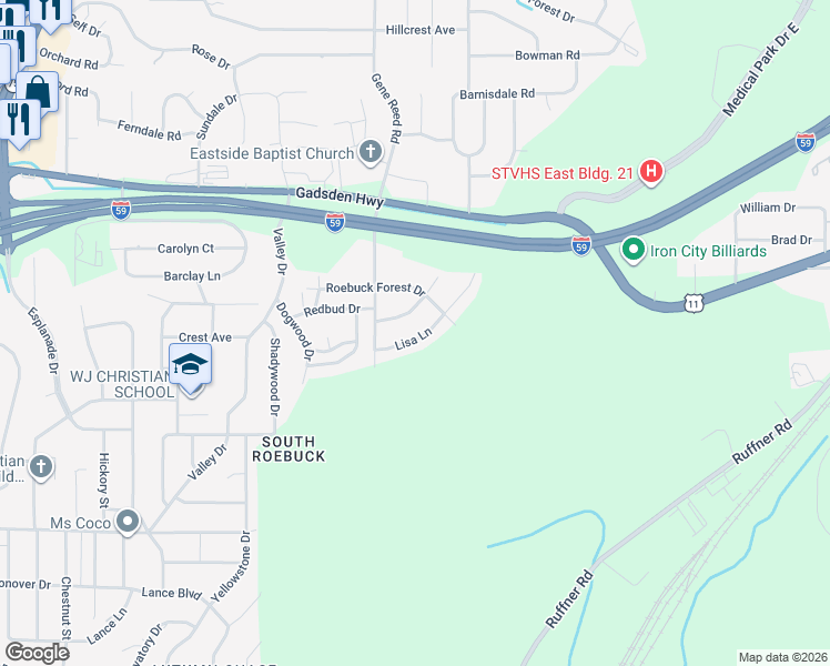 map of restaurants, bars, coffee shops, grocery stores, and more near 624 Lisa Lane in Birmingham